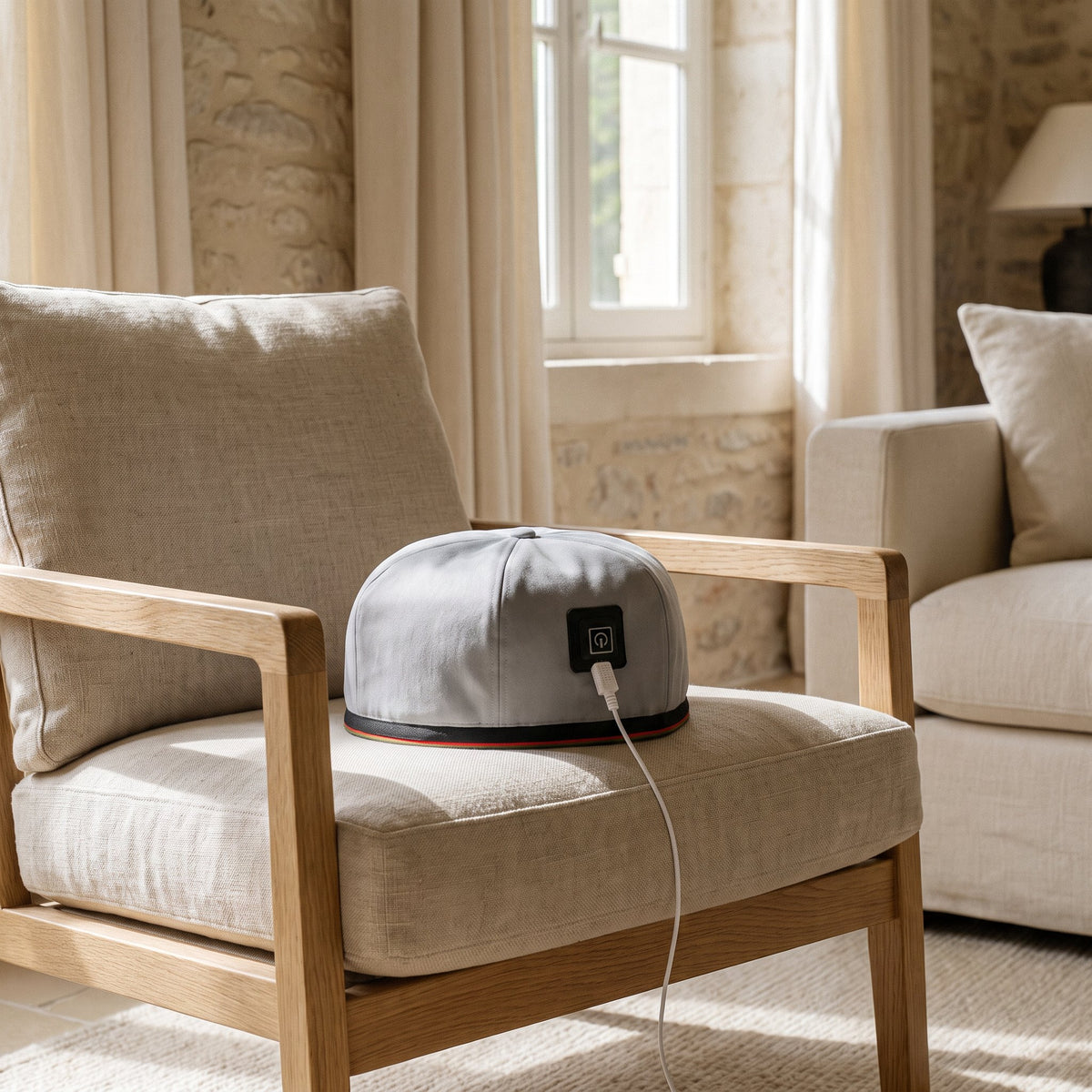 Casquette LED grise posée sur un fauteuil en chêne et lin