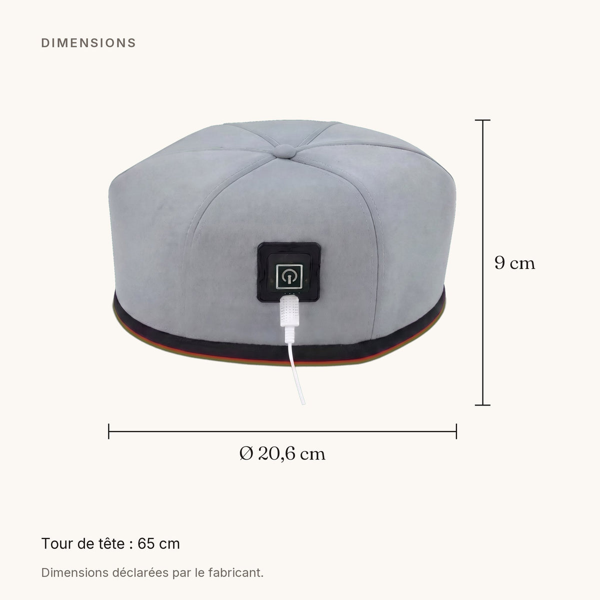 Schéma coté — casquette LED, diamètre 20,6 cm, hauteur 9 cm