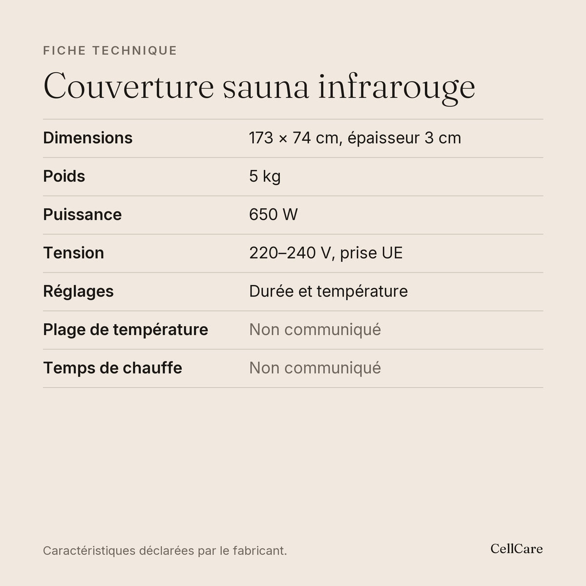 Fiche technique en français — couverture sauna infrarouge