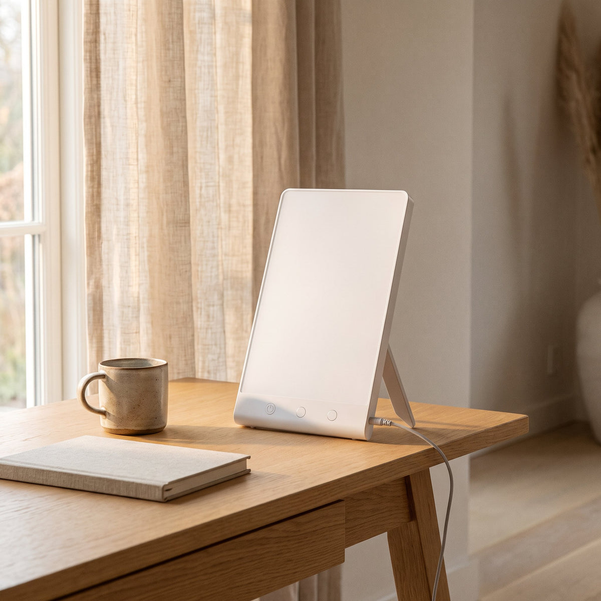 Lampe de luminothérapie posée sur un bureau en chêne près d'une fenêtre