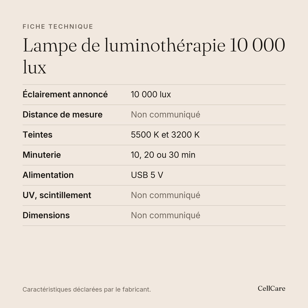 Fiche technique en français — lampe de luminothérapie 10 000 lux