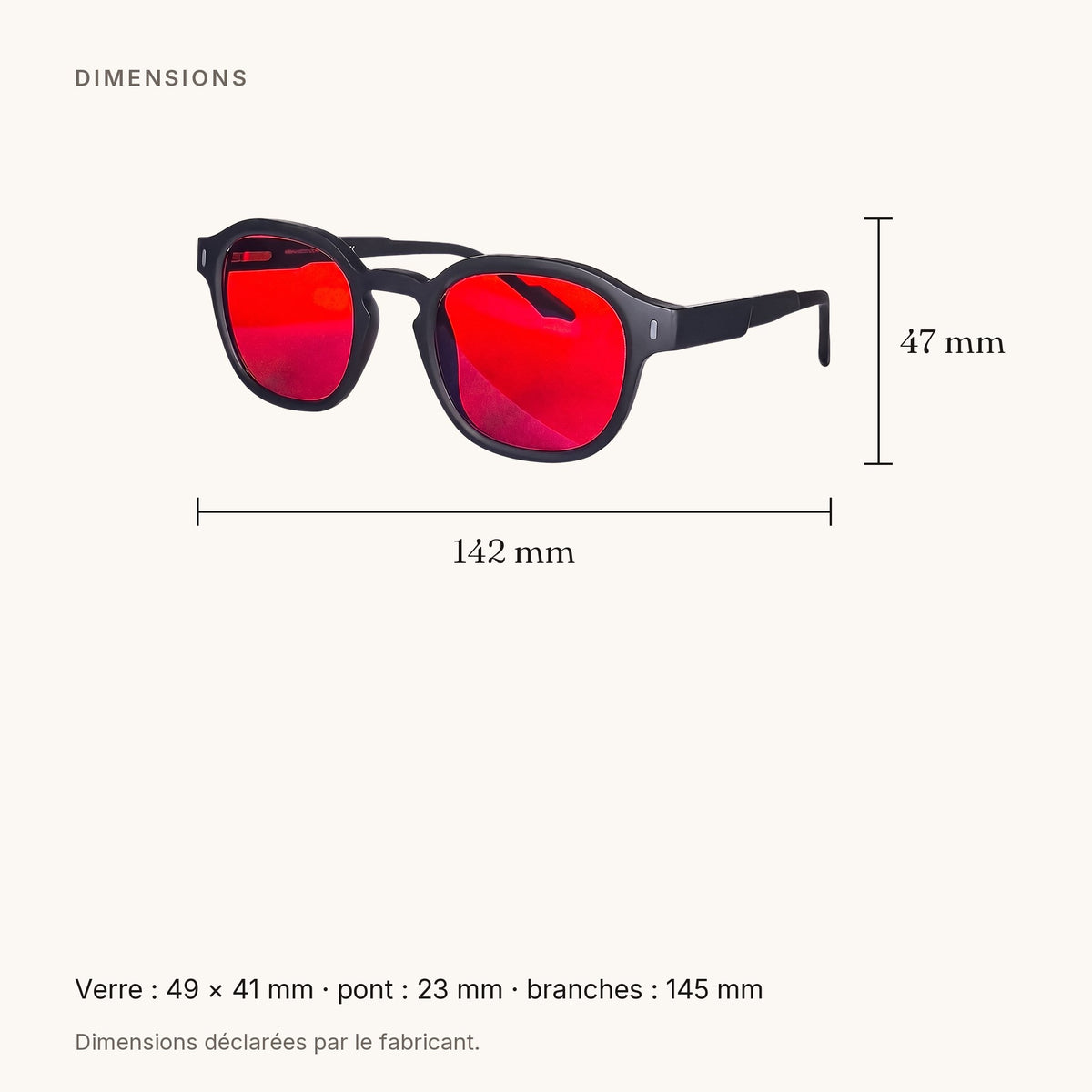 Schéma coté — lunettes, largeur 142 mm, hauteur 47 mm