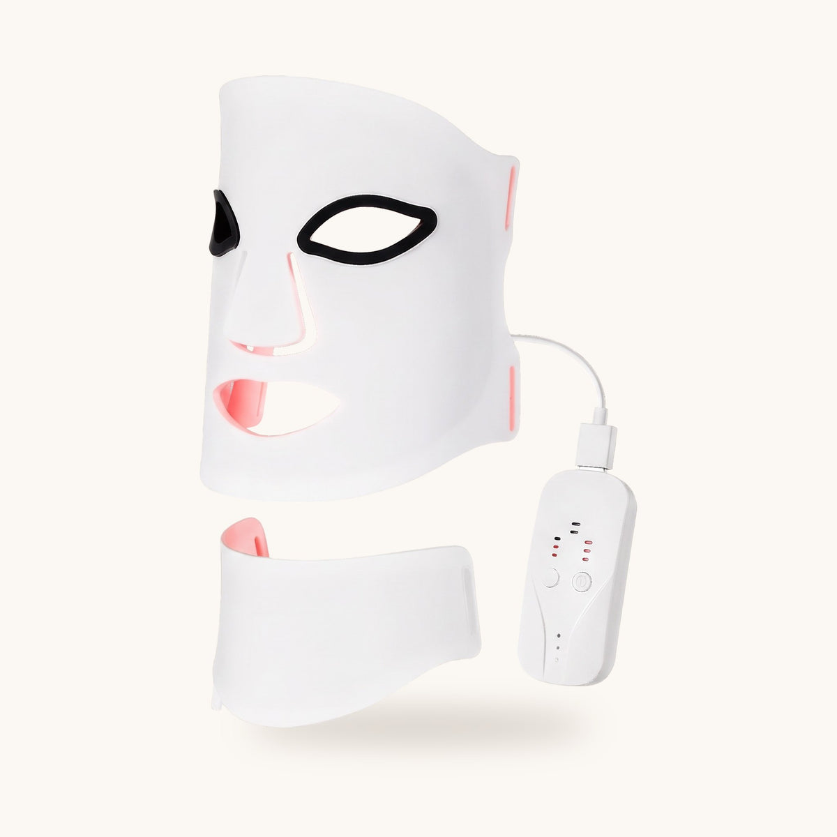 Masque LED en silicone blanc, pièce pour le cou et boîtier de commande, vue de face sur fond ivoire