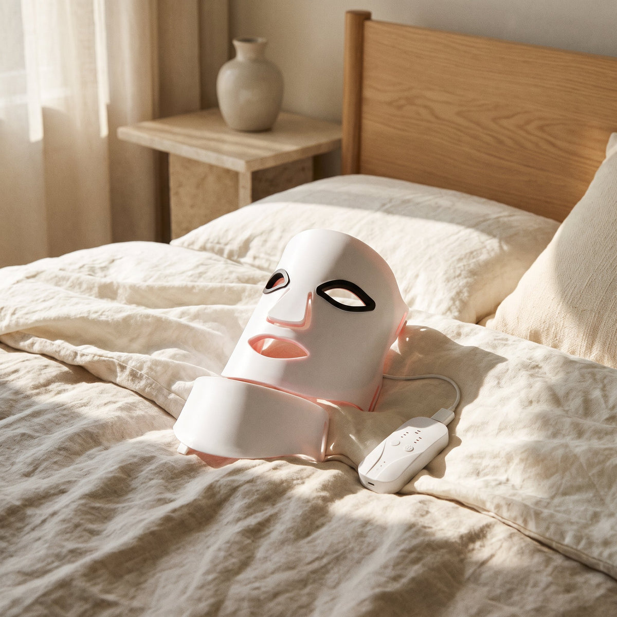 Masque LED en silicone, pièce pour le cou et boîtier posés sur un lit en lin