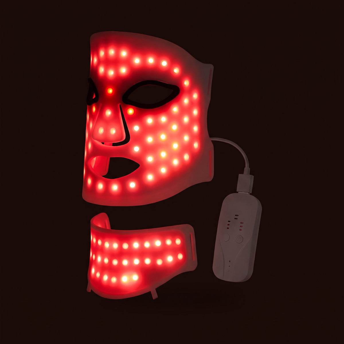 Masque LED en silicone et pièce pour le cou, en fonctionnement, sur fond sombre