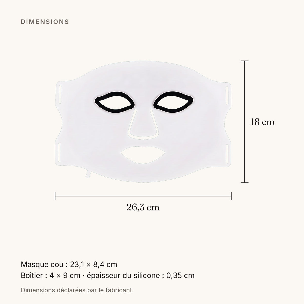Schéma coté avec dimensions — masque visage en silicone, 26,3 × 18 cm