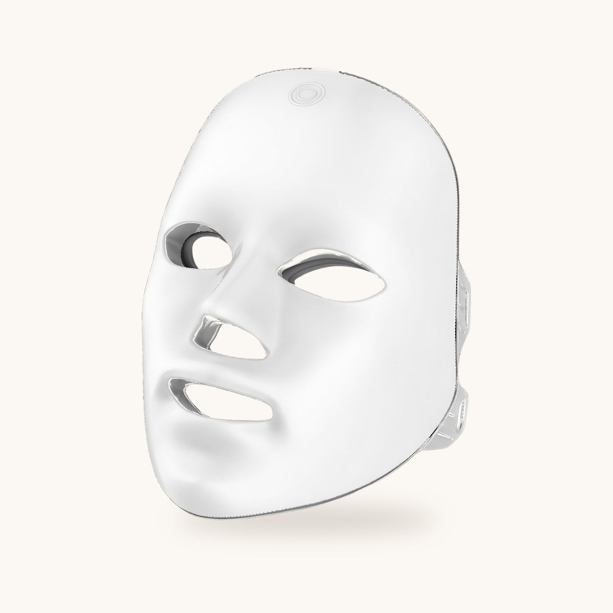 Masque LED visage rigide blanc, vue de face sur fond ivoire