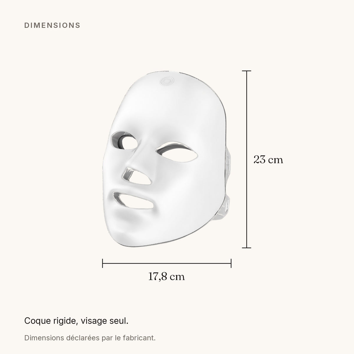 Schéma coté avec dimensions — masque LED visage rigide blanc, 17,8 × 23 cm