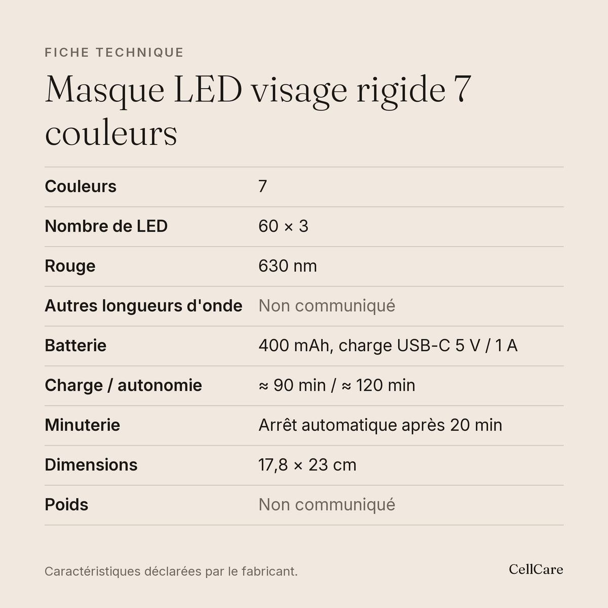 Fiche technique en français — masque LED visage rigide blanc