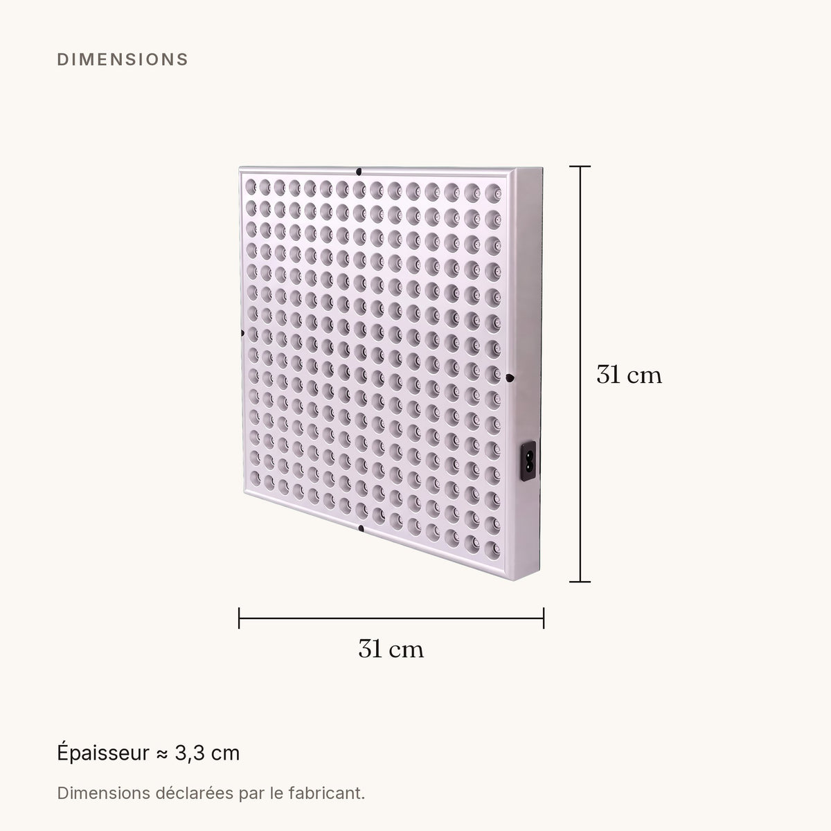Schéma coté — panneau LED, 31 × 31 cm