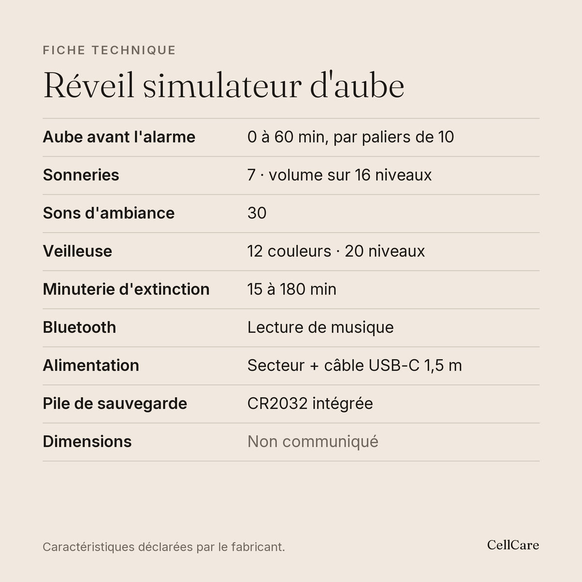 Fiche technique en français — réveil simulateur d'aube